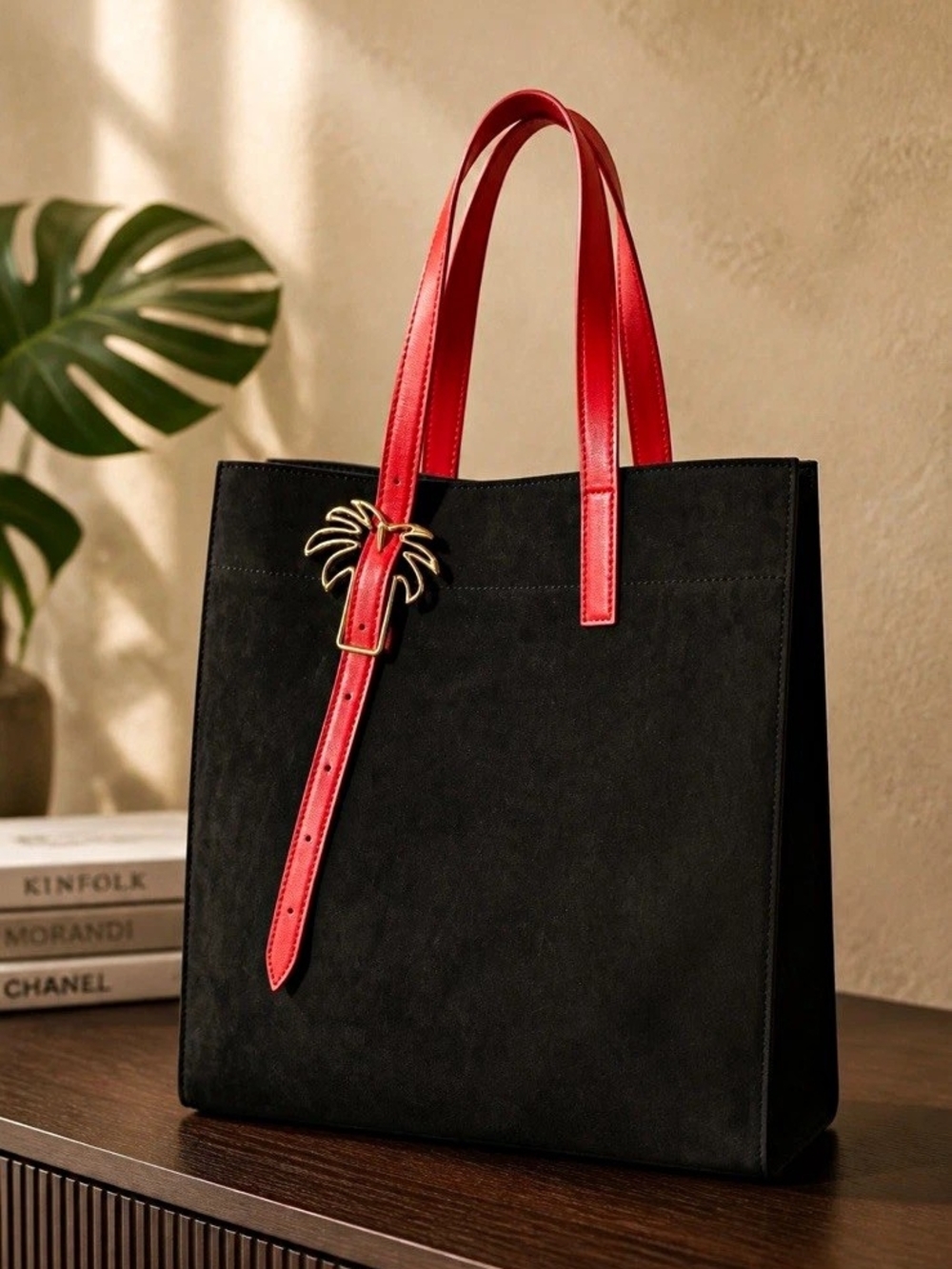 Palm Angels Women’s Black/Red Tote Bag, Gold Hardware, Double Handles, Buckle
